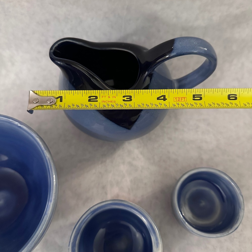 Blue Glazed Ceramic Pitcher Bowl Set 4 Pieces Small Creamer Cup - Picture 13 of 16